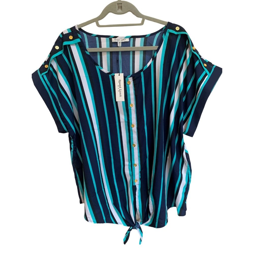 NWT Speed Limit Aqua Navy Blue White Striped Tie Front Pullover Blouse Sz 3X